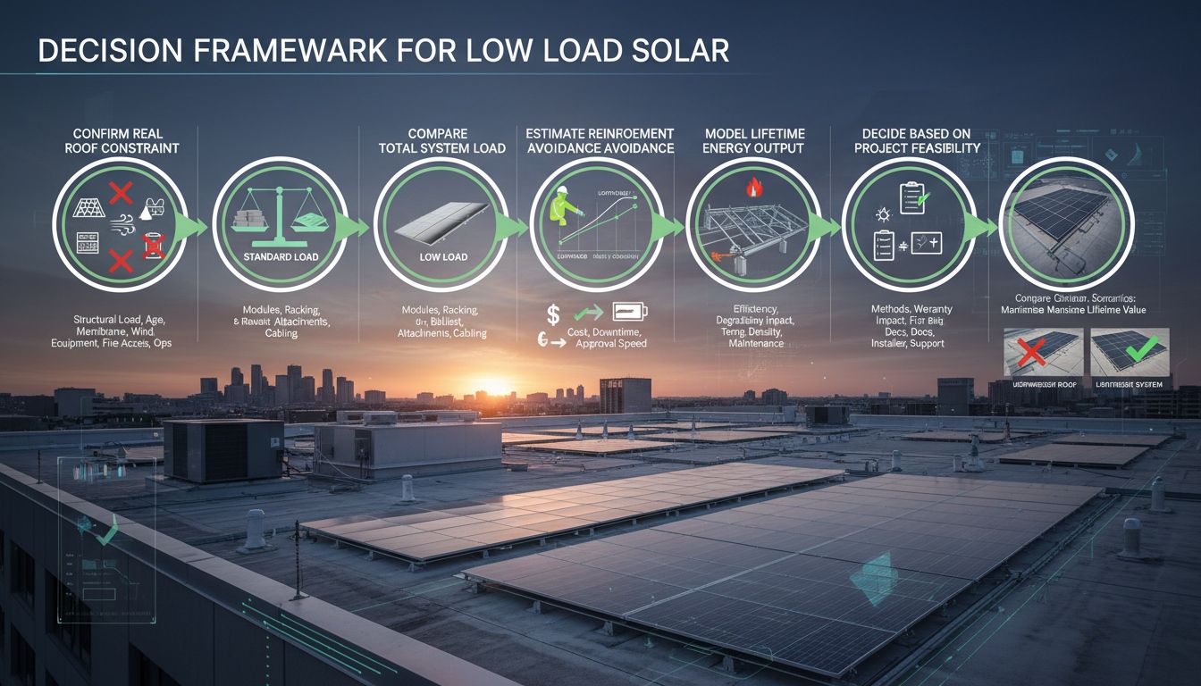 Decision framework for low load roof solar comparing system load reinforcement cost lifetime output and project feasibility